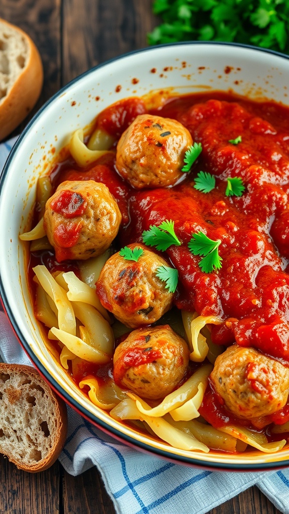 Savory Cabbage and Meatball Casserole Cabbage and meatball casserole with marinara sauce, served with bread on a wooden table.